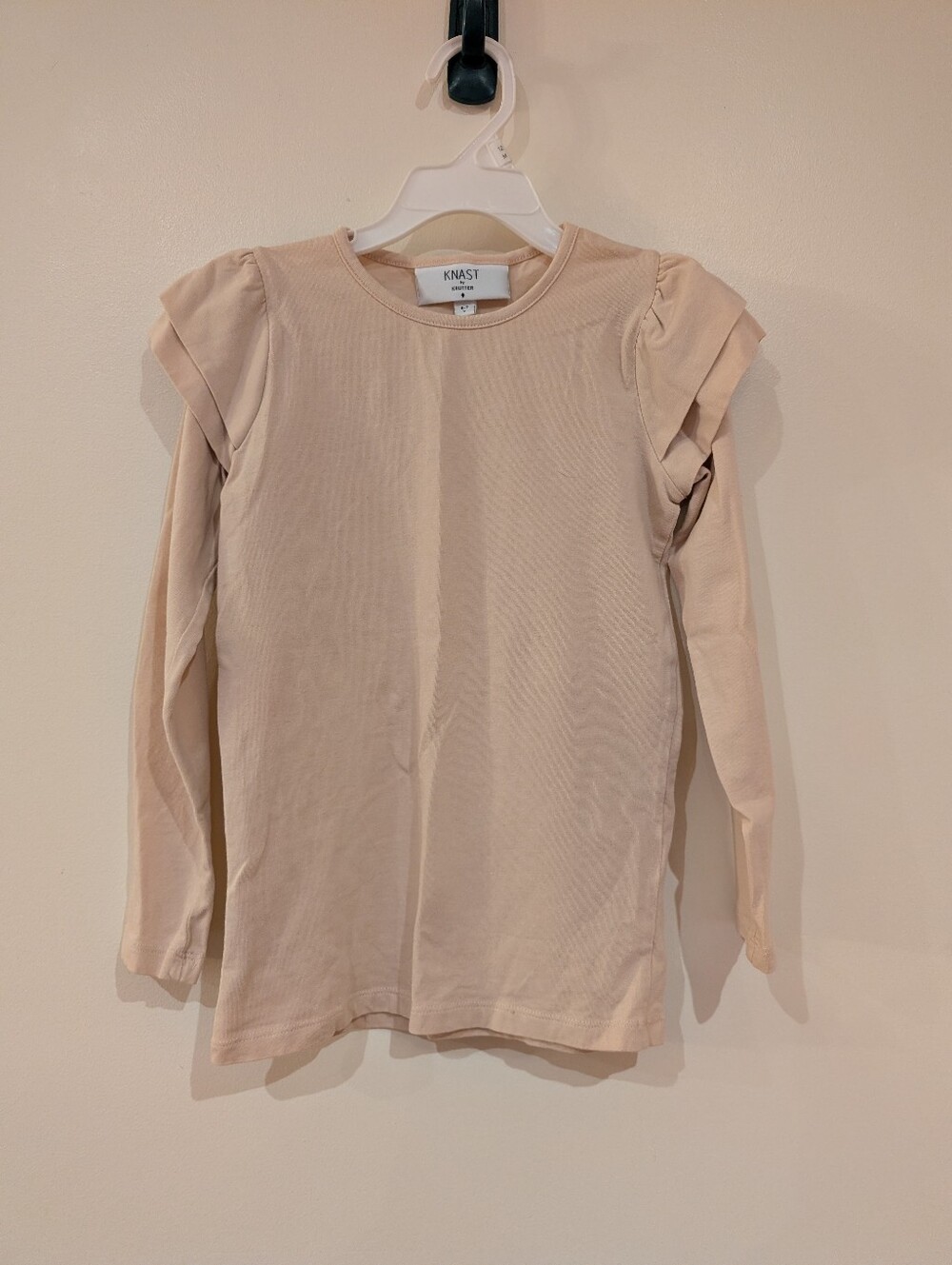 Kids Long Sleeve Ruffle Shoulder Top in Light Beige